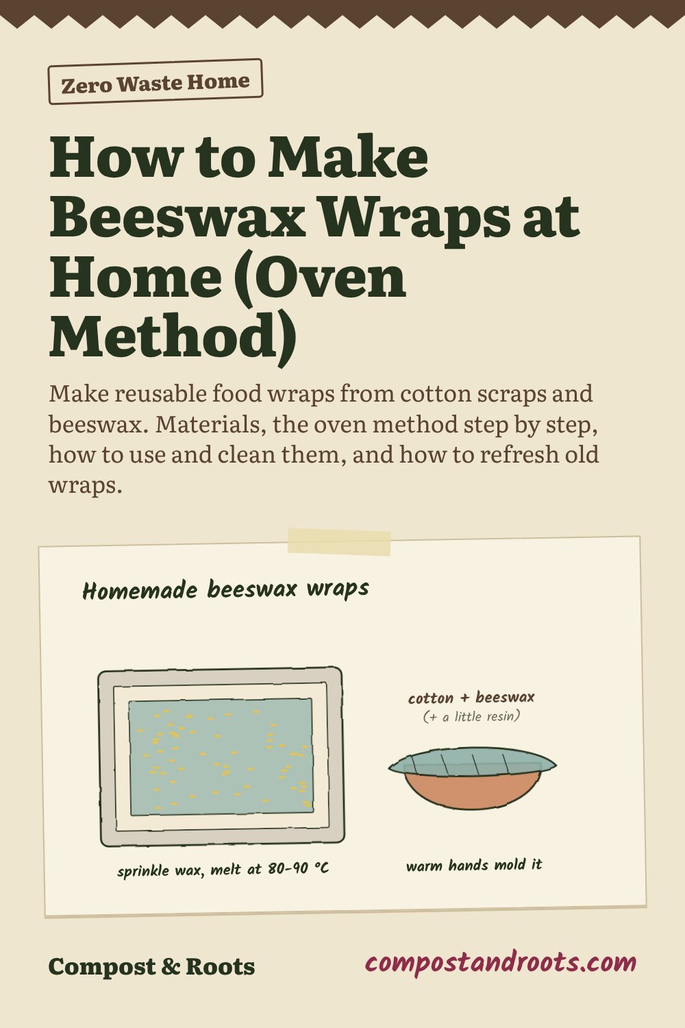 Pinterest pin for How to Make Beeswax Wraps at Home (Oven Method)