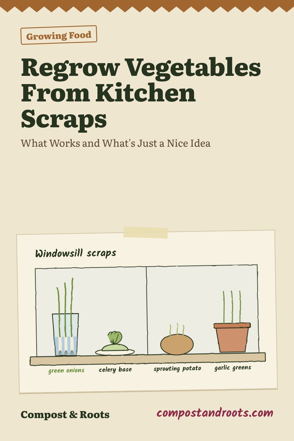 Pinterest pin for Regrow Vegetables From Kitchen Scraps: What Works and What's Just a Nice Idea